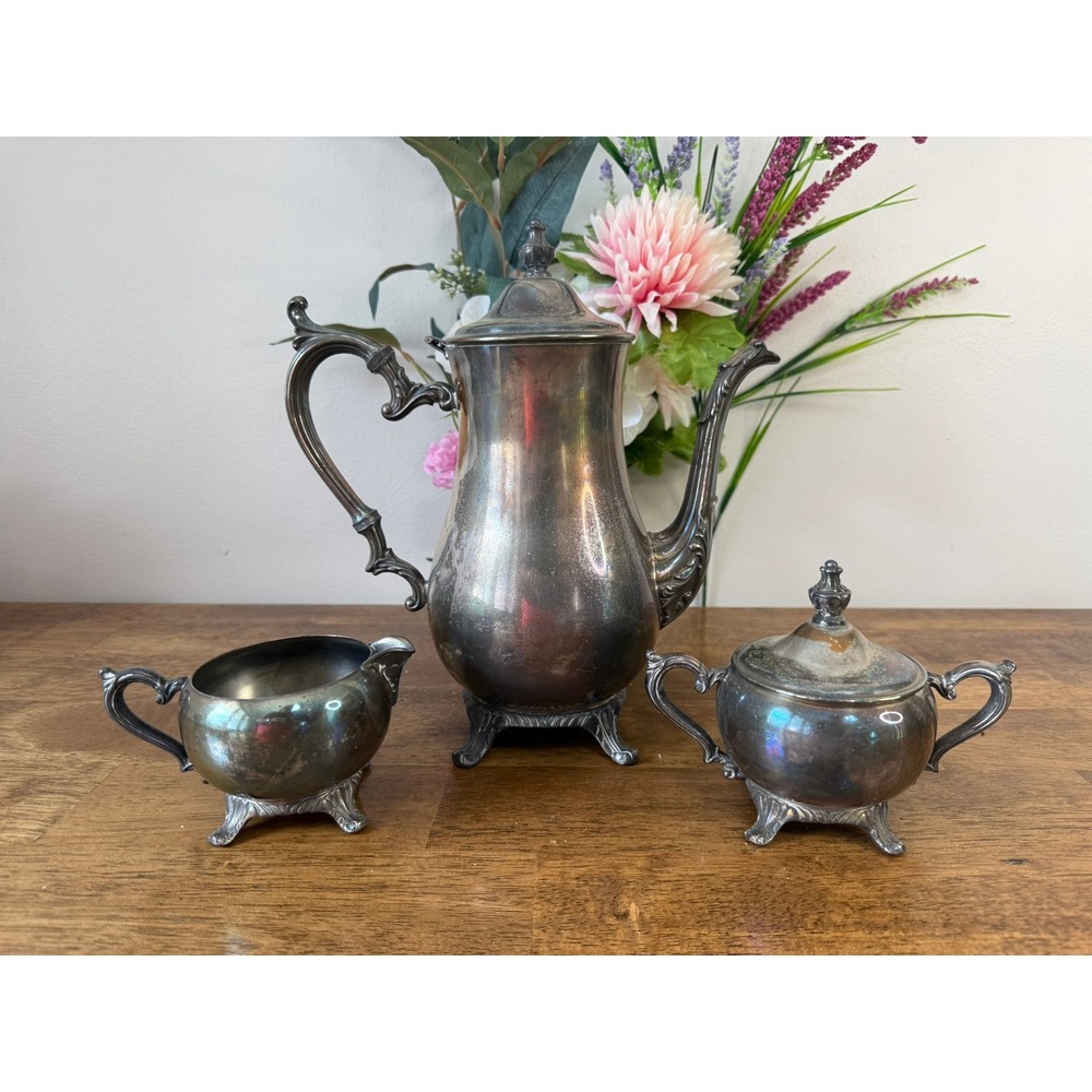 Vintage Silverplate Coffee Tea Set Ornate Footed Pot Sugar Creamer Tea Party
